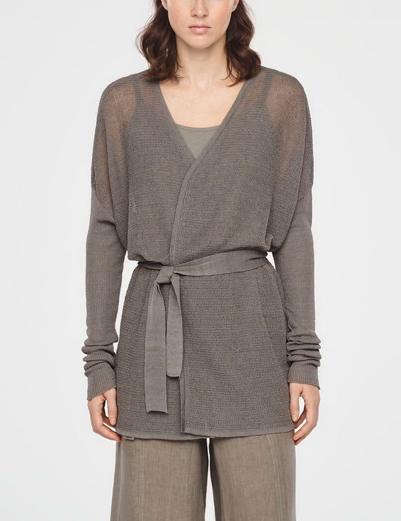 Khaki linen mesh linen cardigan by Sarah Pacini