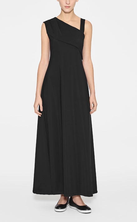 Black polyamide long asymmetric dress, by Sarah Pacini