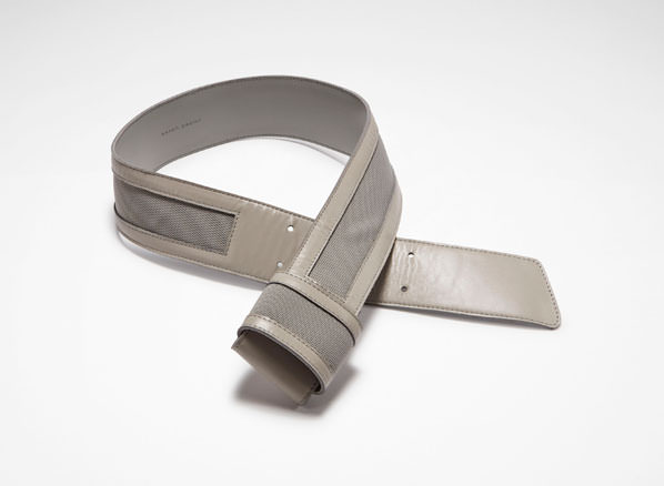 Black leather belt with mesh design by Sarah Pacini