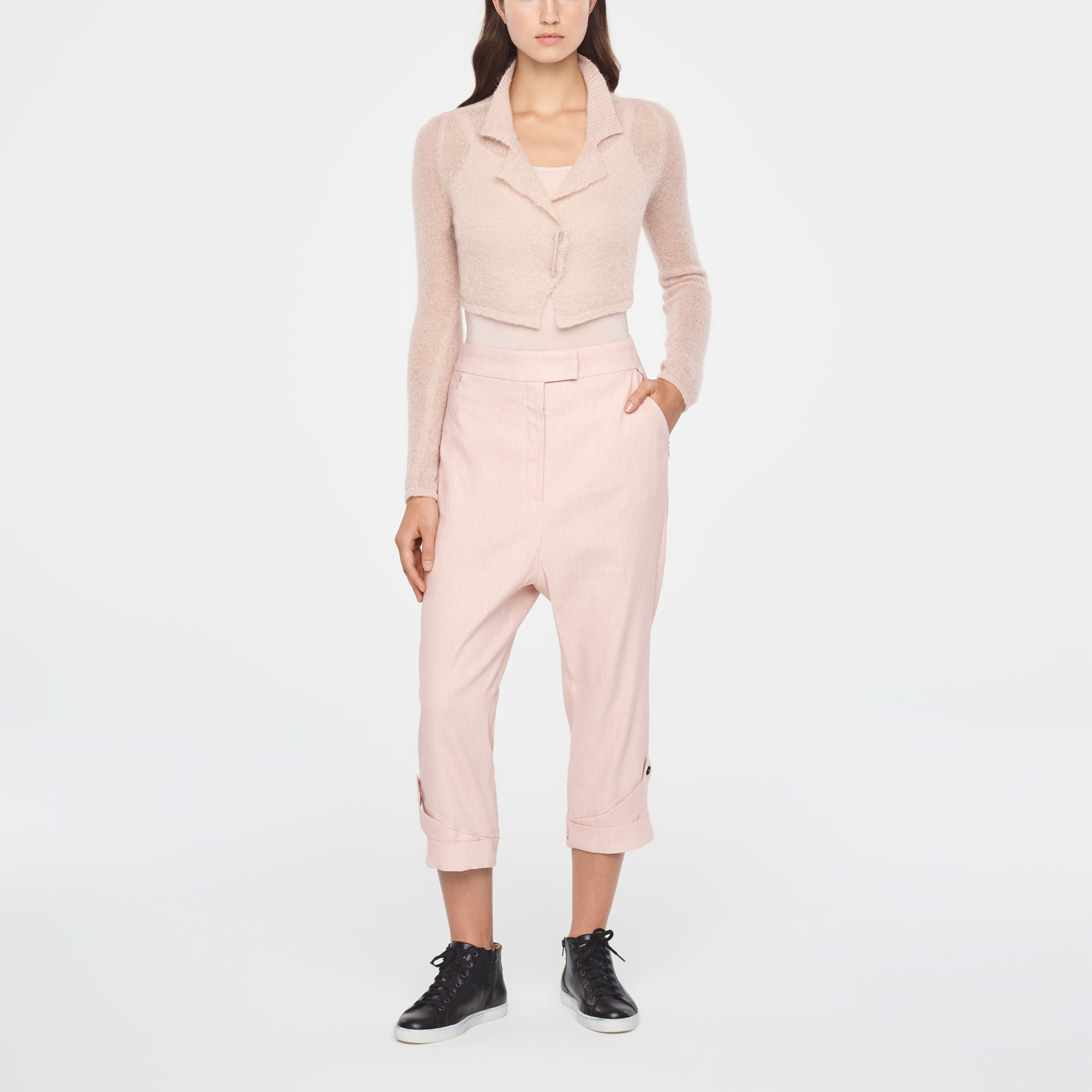 Pink cropped ultra-light mohair cardigan by Sarah Pacini