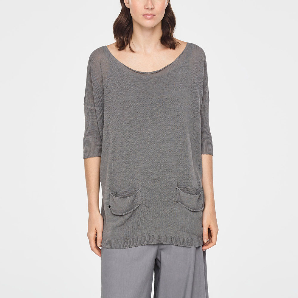 Sarah Pacini LINEN SLIT POCKET SWEATER - SHORT SLEEVES Front