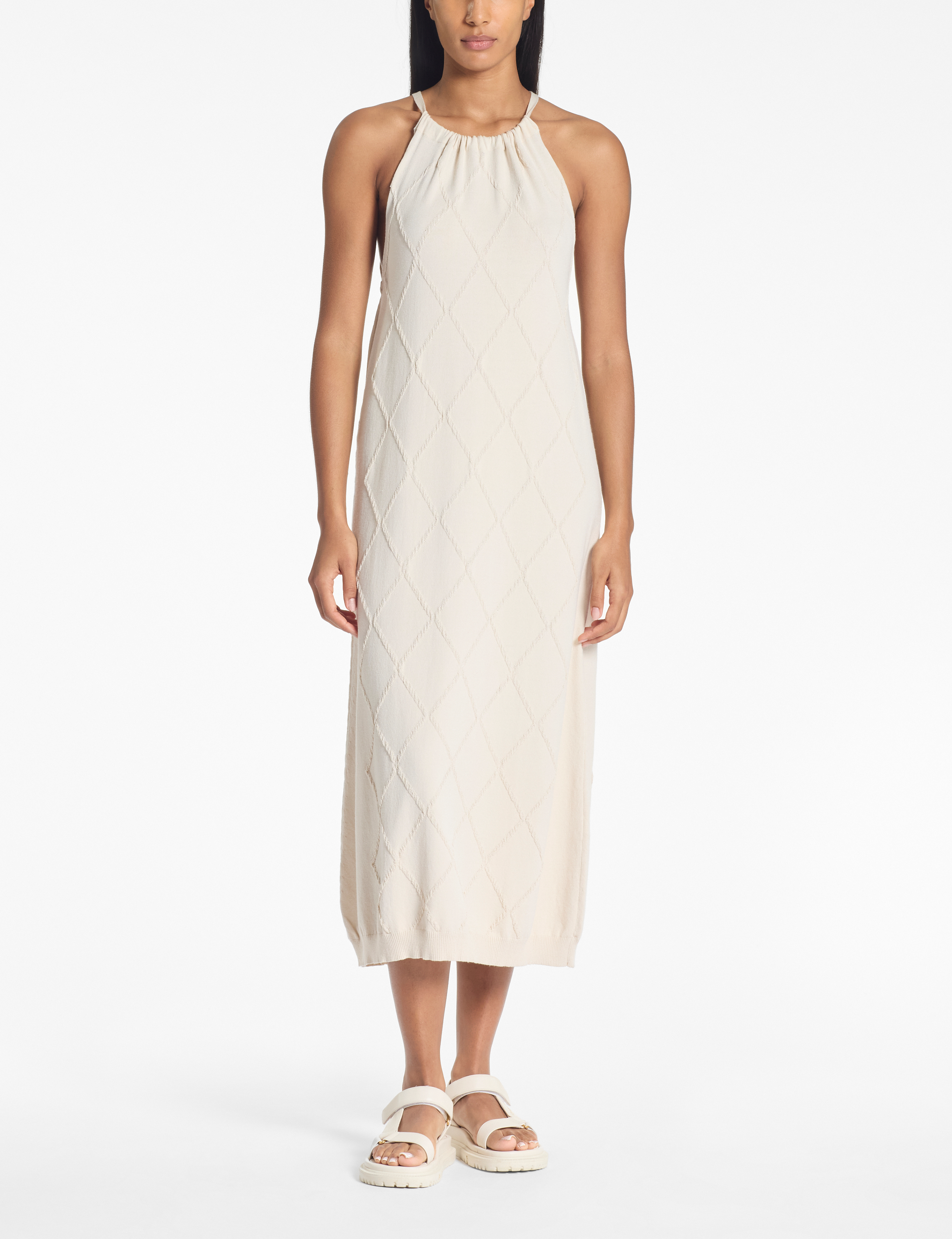 Greige viscose jacquard dress – keyhole by Sarah Pacini