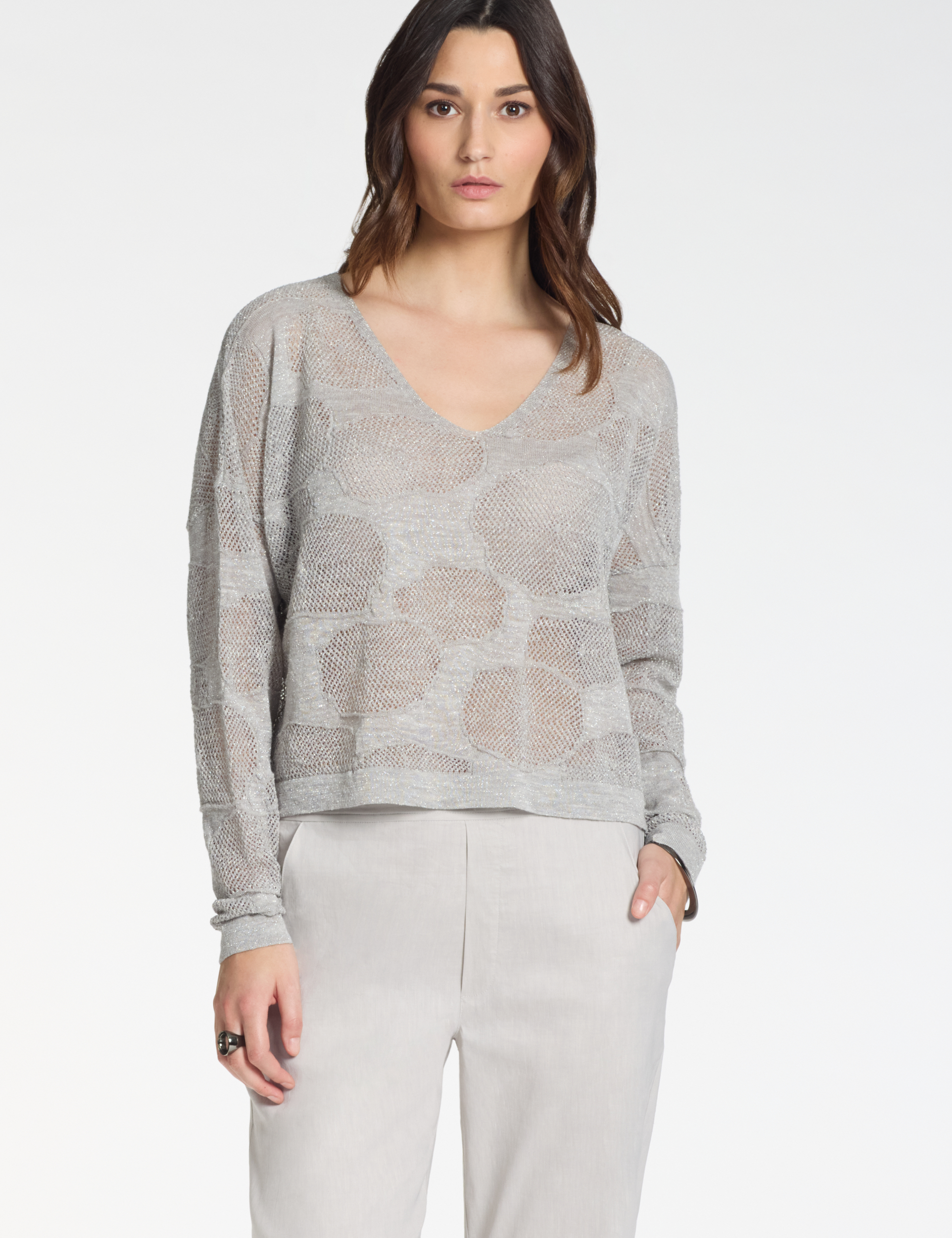 Grey v-neck sweater – cotton flowers by Sarah Pacini