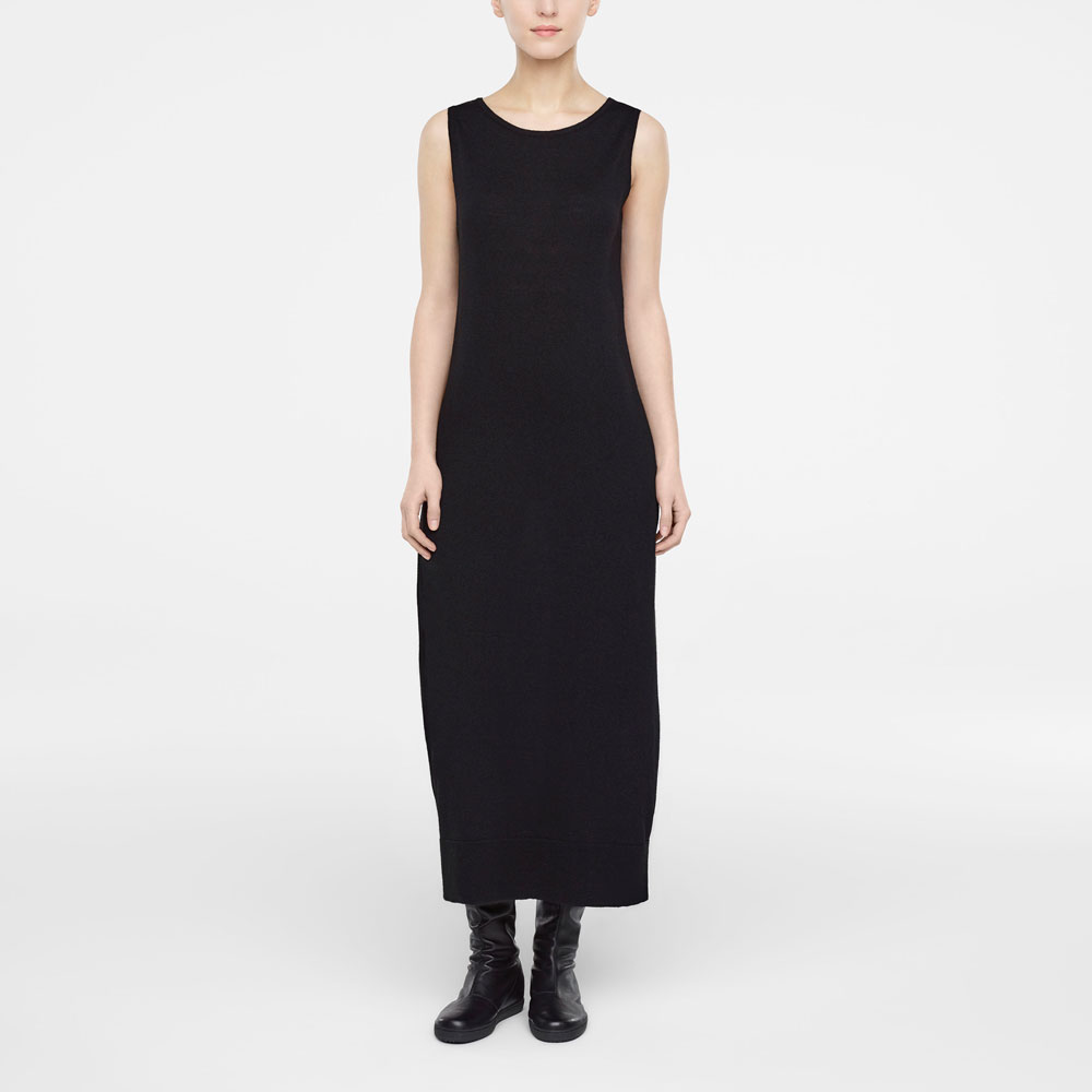 Black nylon sleeveless flare dress by Sarah Pacini