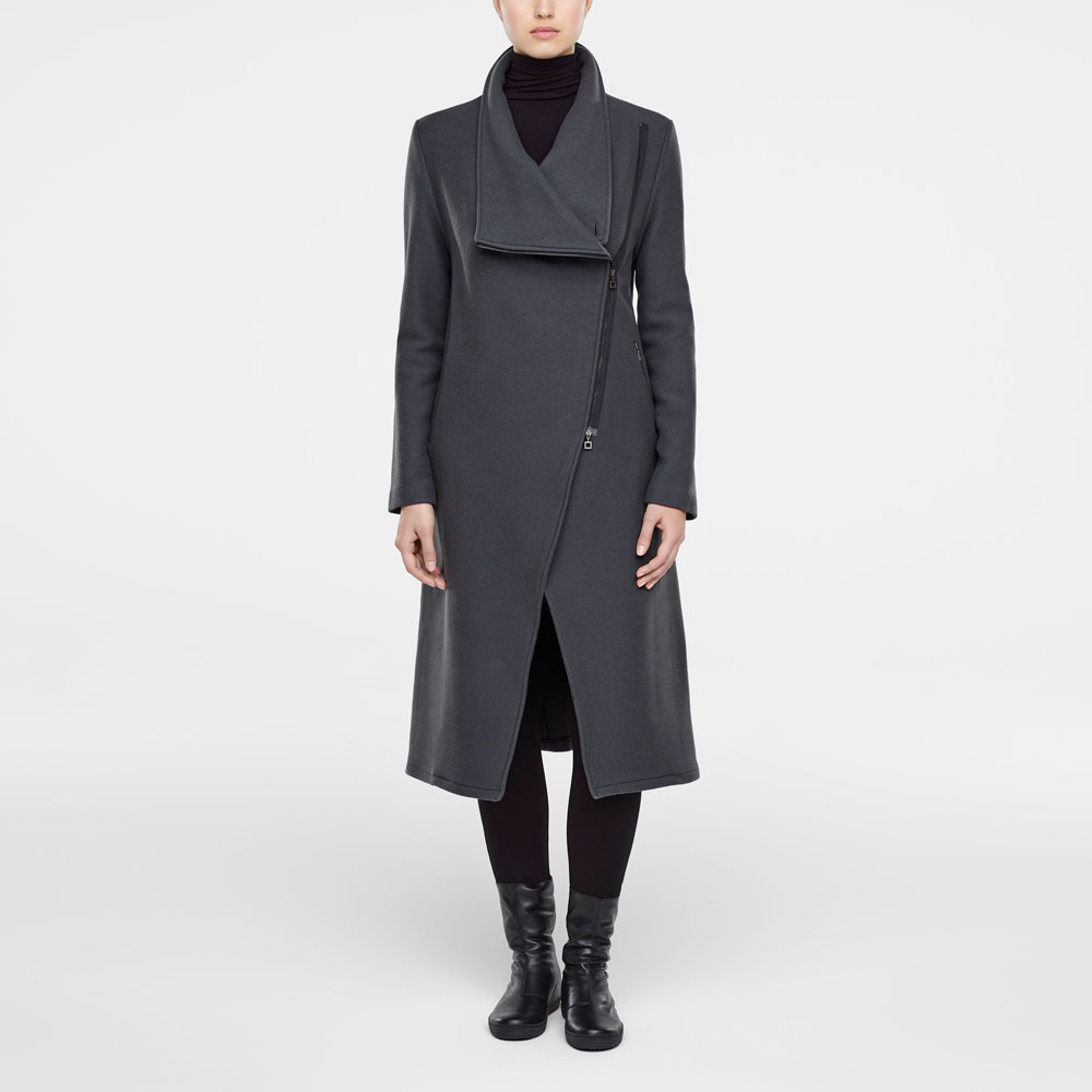 Grey wool maxi coat with side zipper by Sarah Pacini