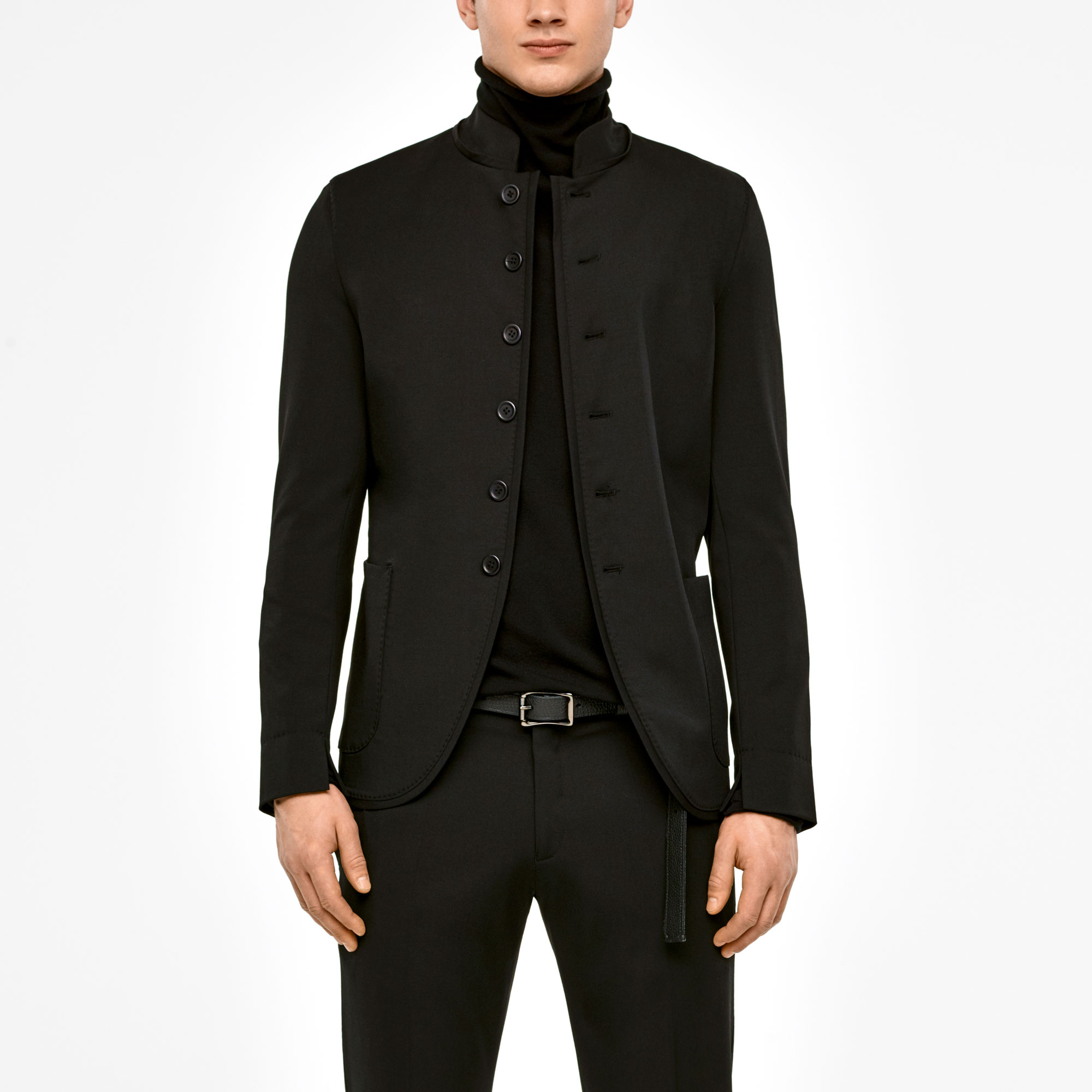 Black wool gabardine jacket - mandarin collar by Sarah Pacini