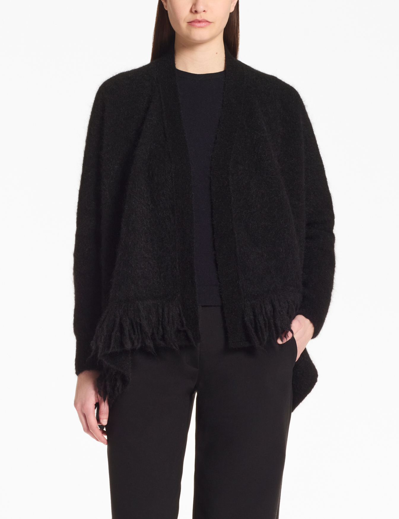Black open cardigan – fringed mohair by Sarah Pacini