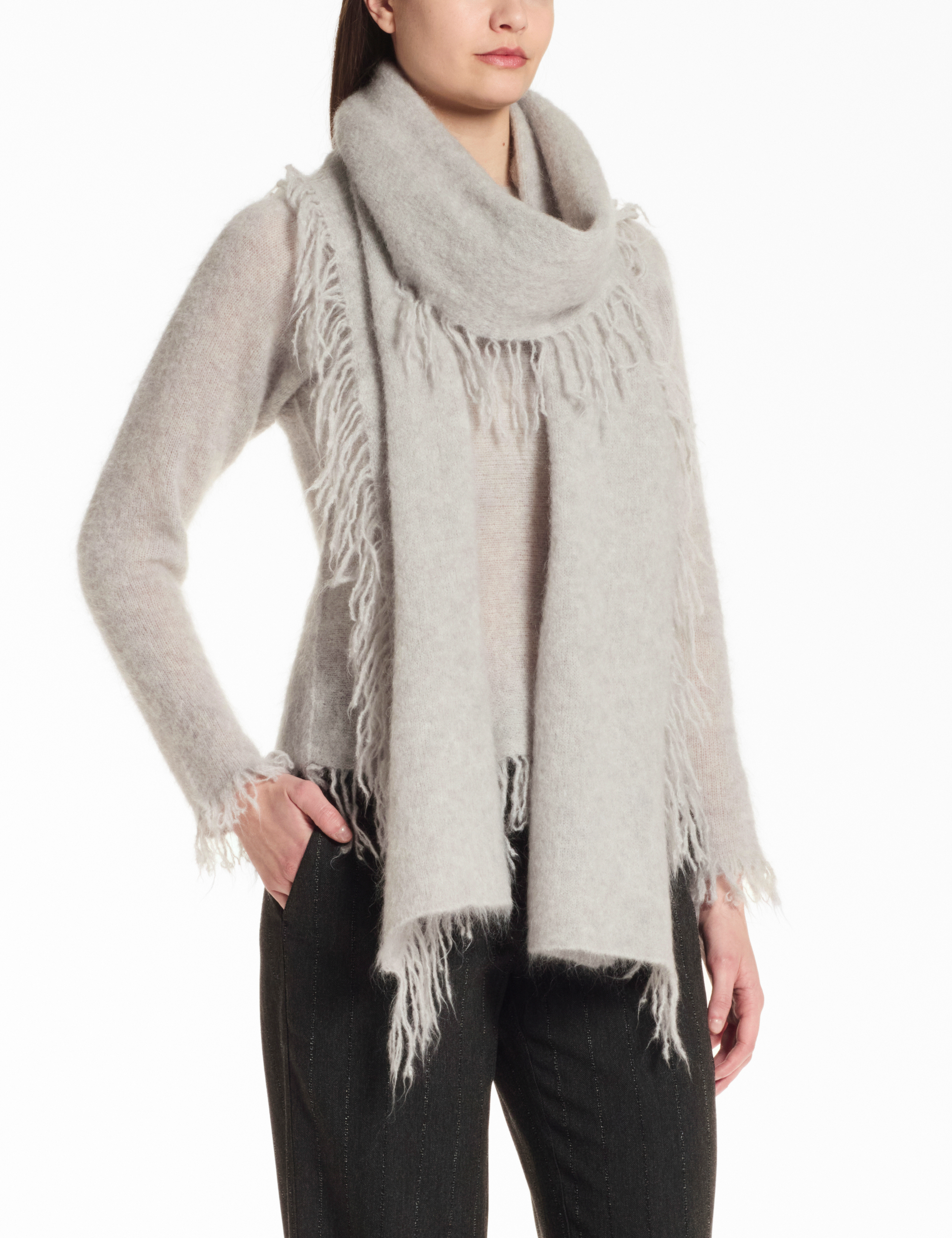 Rough Scarf - sjaal, gebreide sjaal, lange sjaal met echt leder afwerking ( Manufaktur13/M13), beige, Eén Maat